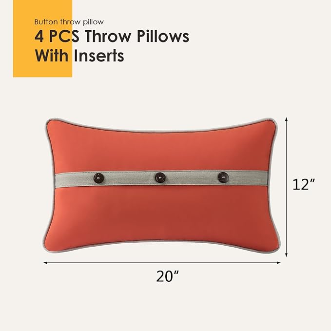 Outdoor Sunbrella Decorative Pillows with Triple Coconut Buttons Pack of 4, 20" x 12" Outdoor Pillow Set for Couch Bed Throw Patio Sofa, Canvas Melon/Cast Ash