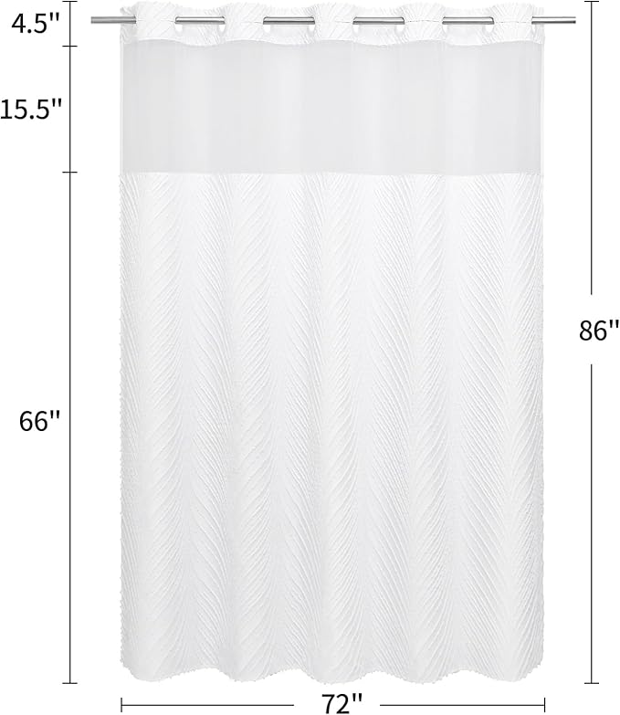No Hook Extra Long Shower Curtain Set with Snap-in Liner, 86 inch XL Boho White Fabric Shower Curtains for Modern Bathroom Decor, Hotel Style Shower Curtain with See Through Top Window