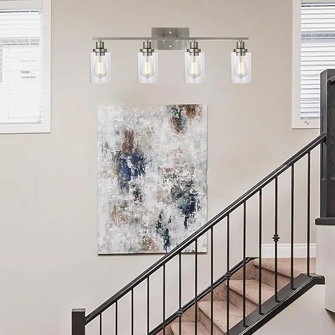 MELUCEE Bathroom Light Fixtures Brushed Nickel 4 Heads Modern Vanity Lights Wall Sconce with Clear Glass Shade for Hallway Kitchen Bedroom Living Room (Patent No.: US D963914 S)