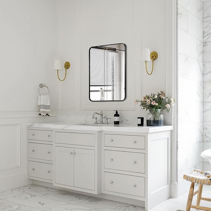 Wall Mount Small Mirror, Brushed Black Metal Framed Rounded Corner Rectangular Makeup Mirror for Bathroom, Bedroom, Living Room (12" x 16",Black)