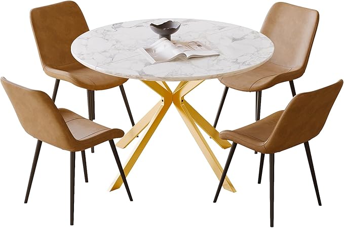 46.4" Round Dining Table Set with 4 Chairs, Modern Dining Set with Comfortable PU Leather Chairs, Sturdy MDF Table with X-Shaped Base, Easy Assembly, Ideal for Dining Room or Kitchen