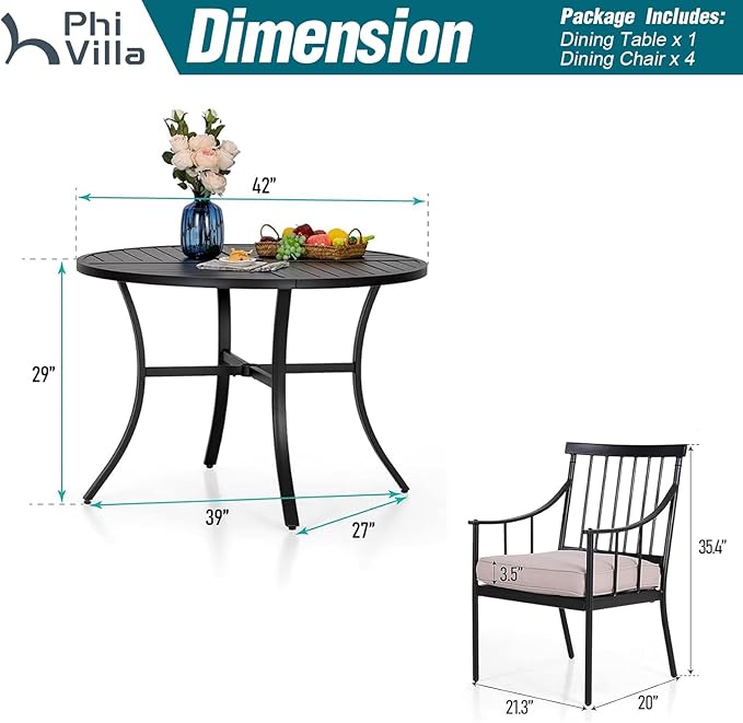 PHI VILLA 5 Piece Outdoor Dining Set for 4, Round Steel Dining Table with Umbrella Hole & Heavy-Duty Metal Chairs with Cushions, Modern Patio Dining Furniture Set for Deck, Backyard, Porch