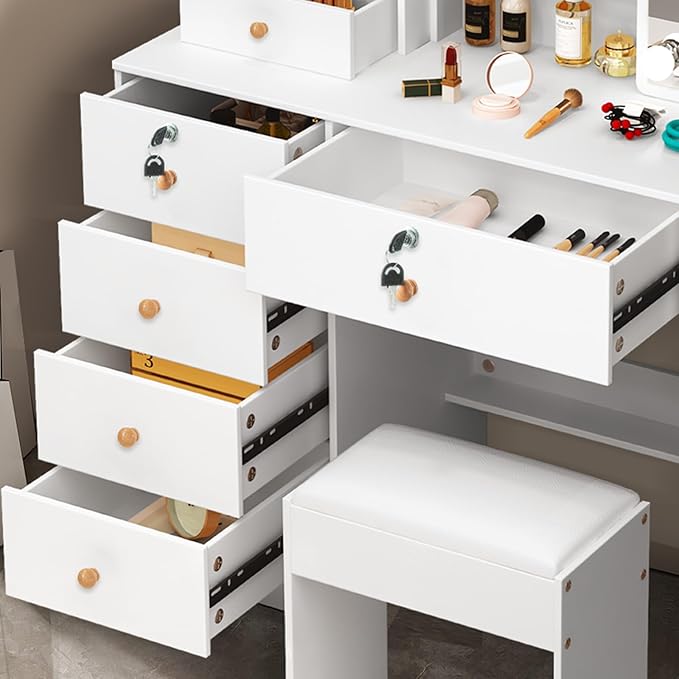 JBLCC Vanity Desk with Mirror and Lights, White Vanity with Lights, 3-Color Light Sliding Mirror, 6 Drawers & Open Shelves, Small Vanity Desk with Lighted Mirror for Bedroom