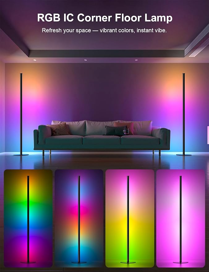 Corner Floor Lamp, RGB IC Smart Corner Lamps Work with Alexa, APP and Remote Control, Music Sync & Timing, Color Changing Ambient Lighting for Living Room Bedroom Gaming One Connected Pair