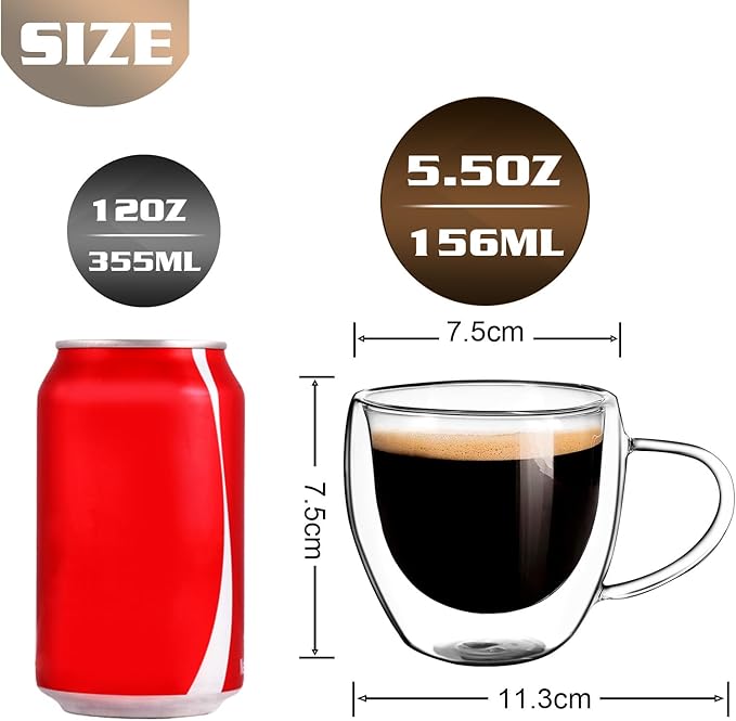 Clear Glass Double Wall Insulated Round Coffee Mugs Set of 2 Pieces - Small Size 5.5oz Best Reusable Coffee Mug for Home Cafe Restaurant Perfect for Espresso Capucinno Lungo Latte Coffee
