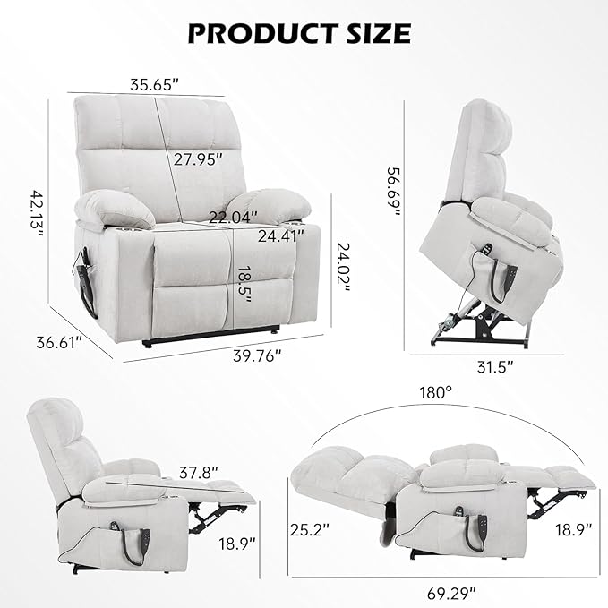 Dual Motor Power Lift Chairs for Elderly, Electric Lay Flat Recliner Chair with Vibration Massage Heat, Extra Wide Recliner Chair for Living Room with Cup Holders, Chenille Fabric - Beige