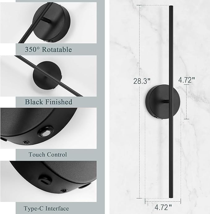Wireless USB Rechargeable LED Wall Sconce Light (Set Of Two), Cordless Dimmable 3-light option, 360⁰ Rotateable with Remote Control for Bedroom, Bathroom, Living Room & Hallway. 28.3 inches (Black)