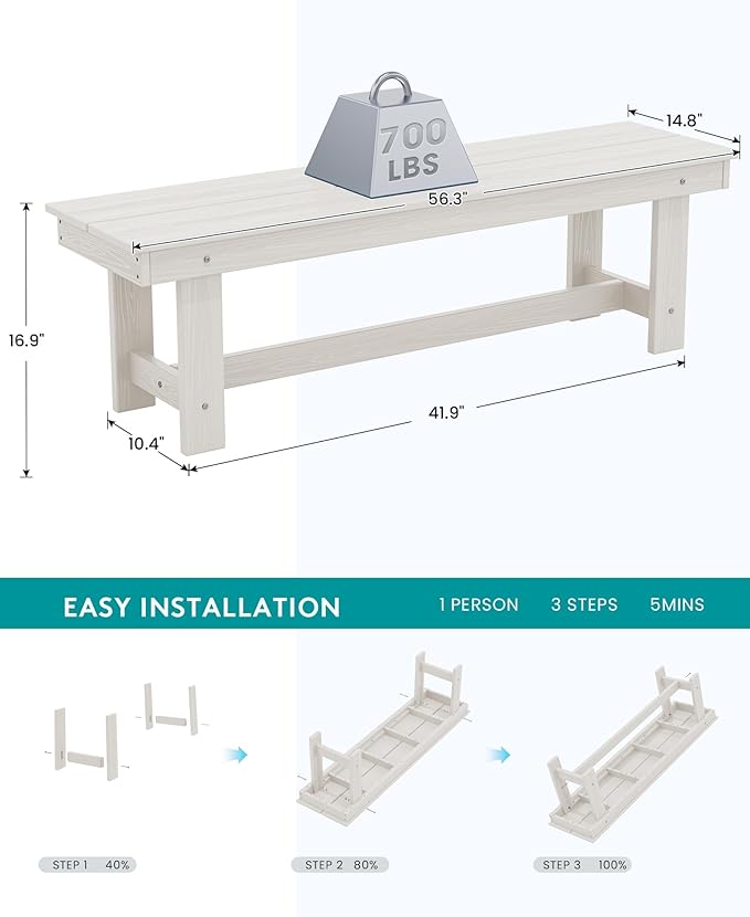 SERWALL Outdoor Dining Set for 6, HDPE Dining Furniture Set with Umbrella Hole Cut-Out Table and 1 Dining Bench and 4 Chairs, All Weather Outdoor Dining Bench Sets, White