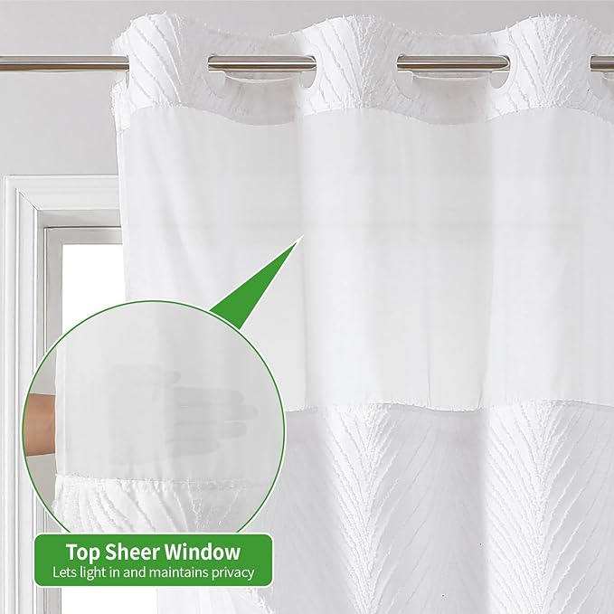 Extra Long No Hook Shower Curtain and Liner Set，Boho Style with See Through Top Window, White Fabric Tufted Striped Textured Outer Curtain with Snap in Liner, White, 71Wx86H