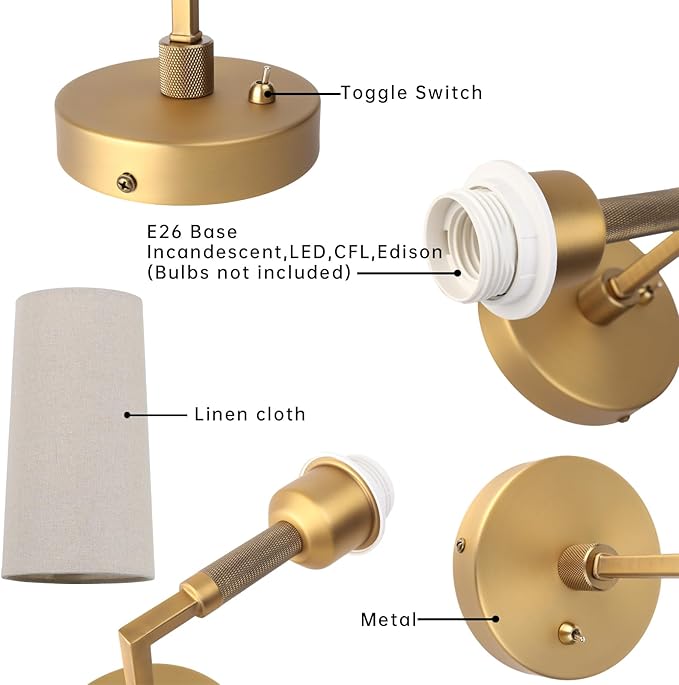 Brass Wall Sconces Set of Two, Hardwired Linen Fabric Shade Wall Lamps, Bathroom Vanity Lights Fixture with Switch, Indoor Wall Lights for Bedroom Living Room Corridor