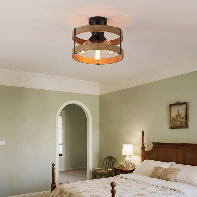 2 Pack 3-Light Rustic Farmhouse Metal Flush Mount Ceiling Light Fixture Wood Grain Metal Round Drum Semi Flush Mount Ceiling Light for Hallway Hall Entry Bedroom Farmhouse Home, Black