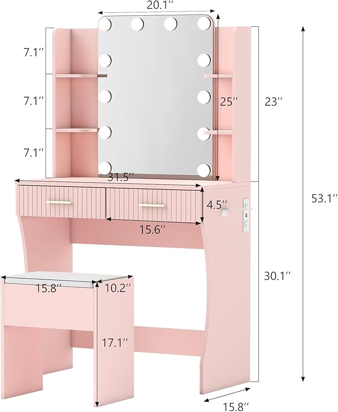 Small Vanity Desk with Mirror and Lights, Makeup Vanity Desk with 3 Color Modes Adjustable Bulb, 2 Large Drawers and 4 Open Storage Shelves, Pink Vanity with Charging Station for Bedroom