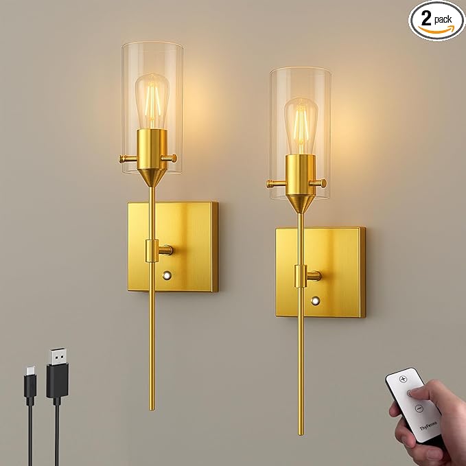 Battery Operated Wall Sconce with Remote Control, Dimmable Wall Mounted Light Set of Two Rechargeable, Brass Cordless Wall Lamp for Bedroom Bathroom Kitchen Vanity Mirror, Bulb Included