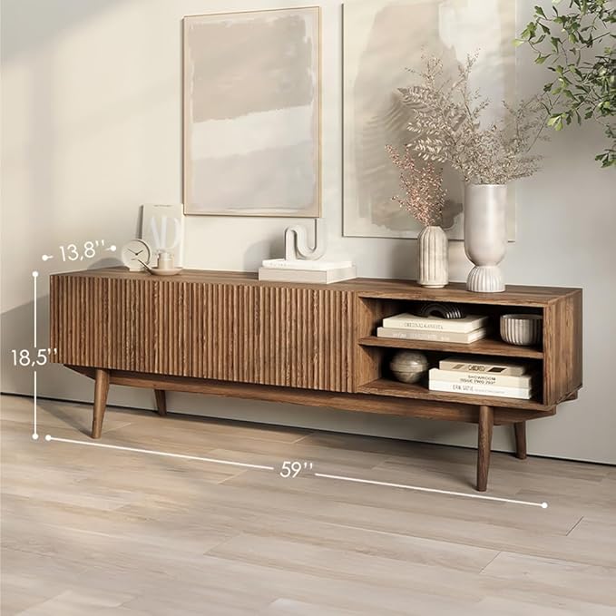 Living Skog TV Stand for Living Room TV Media Console Table, Modern Entertainment Center with Storage Scandinavian Midcentury Fluted Style Fits TV 50 55 60 65 70 inch, Wood Legs (Brown, Kelly 59 in)