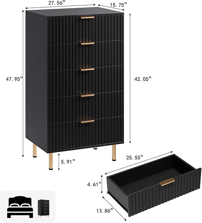 5 Drawer Dresser for Bedroom, 48" Tall Modern Chest of Drawers with Deep Drawers and Wide Top, Fluted Wooden Dresser Organizer for Living Room, Hallway, Kids Room, Black