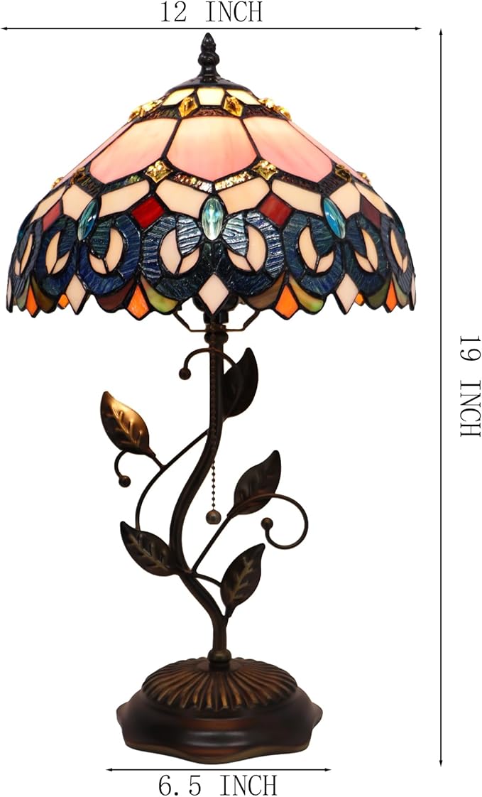Tiffany Table Lamp, Pink Stained Glass Desk Light, W12H19 Inch, Metal Leaf Base (Pink Baroque Style)