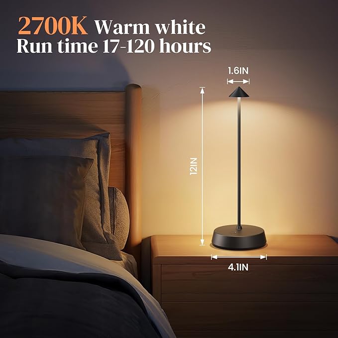 Cordless Table Lamp Rechargeable, Battery Operated 6000mAh Desk Lamp Touch Dimmable Lamp Outdoor Waterproof Portable Wireless Table Light, Small Table Lamp for Restaurant Bar/Outdoor(Black)
