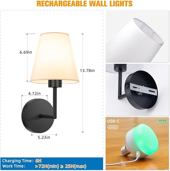 NIORSUN 13.8 inch Battery Operated Wall Sconce Set of 2,Black Rechargeable Wall Lights with 5200mAh Dimmable Detachable Bulbs and Remote,9 Colors Wireless Sconces for Bedroom Living Room Hallway