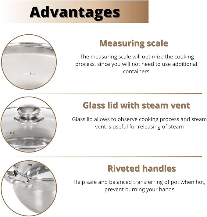 Daniks Classic Frying Pan Included, 12-Piece Stainless Steel Induction Cookware Set – Dishwasher Safe Pots and Saucepan with Lids, Measuring Scale, Silver