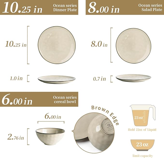 Famiware Dinnerware Sets for 6, Ocean Round 18-Piece Kitchen Plates and Bowls Sets, Microwave and Dishwasher Safe, Scratch Resistant, Light khaki