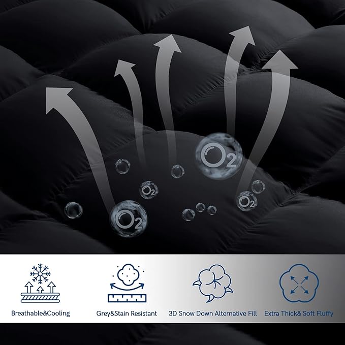 ELEMUSE Twin XL Black Cooling Mattress Topper, Pillow Top, 100% Polyester, Machine Washable, 10 Inches