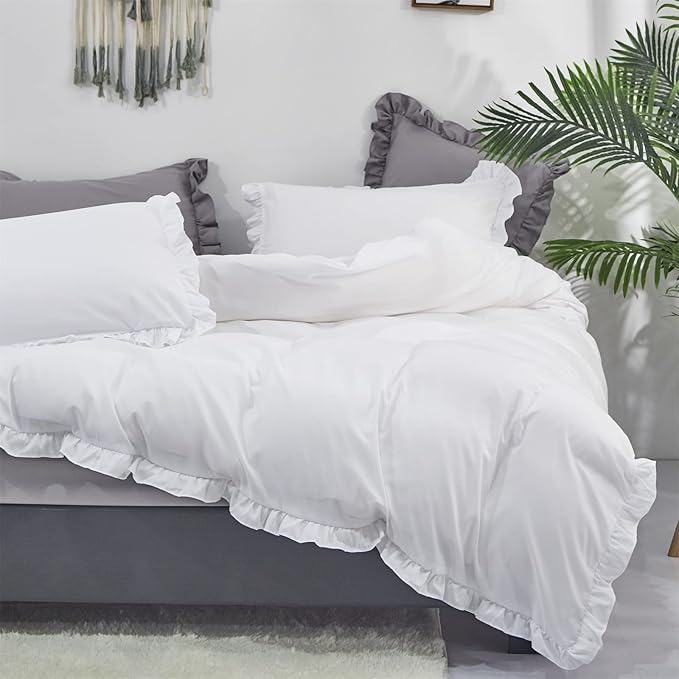 Cottonight White Comforter Set - Queen Size Farmhouse Boho Ruffles Bedding Set with Soft Breathable Quilts
