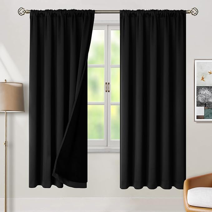 BGment Full Blackout Curtains with Liner Thermal Curtains 72 Inches Long, Rod Pocket and Back Tab Double Layer Black Out Privacy Curtains for Bedroom(52 x 72 Inch, 2 Panels, Black)