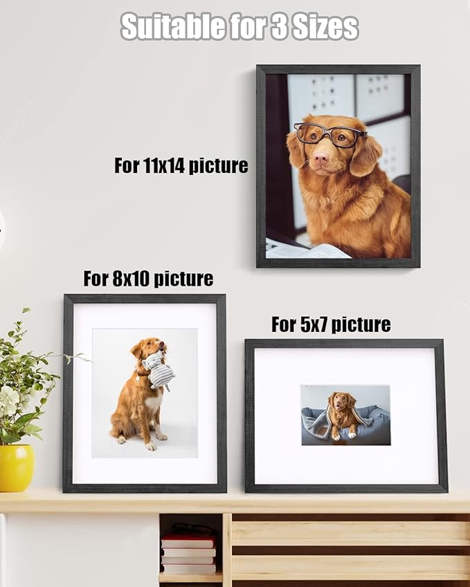 Egofine 11x14 Picture Frame Made of Solid Wood with Plexiglass, Display Pictures 5x7/8x10 with Mat or 11x14 Without Mat for Tabletop and Wall Mounting, Rustic Black