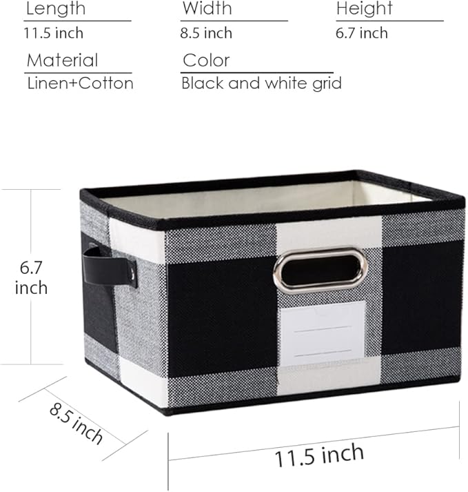 PRANDOM Fodable Storage Bins for Closet [3-Pack] Decorative Fabric Storage Baskets Cubes with Leather/Metal Handles for Shelves Bedroom Living Room Black and White Grid (11.5x8.5x6.7 Inch)
