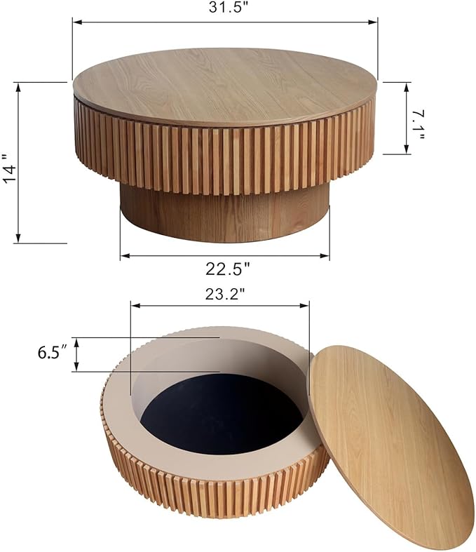 Round Coffee Table for Living Room, Accent Fluted Drum Coffee Table with Storage, Modern Solid Wood Veneered Circle Center Tea Table for Small Space Apartment (31.5''D×14''H-Natural)