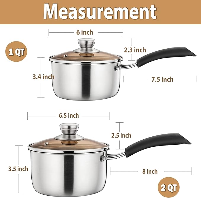 P&P CHEF 1 & 2 Quart Saucepan, Stainless Steel Saucepan with Lid, Small Sauce Pan for Home Kitchen Restaurant Cooking, Easy Clean and Dishwasher Safe