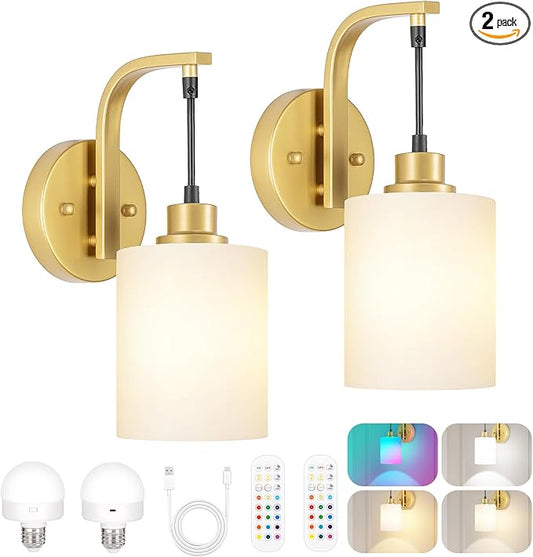 Gold Wireless Rechargeable Wall Sconce Set of Two, 15Colors Battery Operated Wall Lights, 2 Milky Glass Wall Lamps with Remote and Dimmable Bulbs, Indoor Sconces Wall Decor for Bedroom Living Room