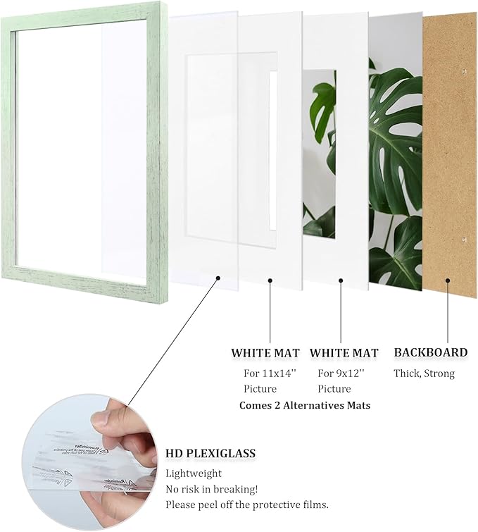 Egofine 12x16 Picture Frame Made of Solid Wood, Display Covered by Plexiglass, Display Pictures 9x12/11x14 with Mat or 12x16 Without Mat for Wall Mounting, Rustic Green