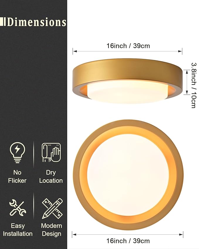 16 Inch Flush Mount Ceiling Light,3-Lights Gold Finish with Frosted Glass Shade,Round Ceiling Light Fixture for Bedroom Livingroom Kitchen