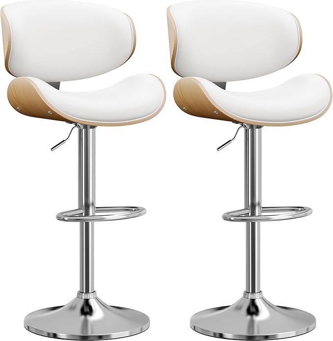 Bar Stools Modern PU Leather Adjustable Swivel Barstools, Kitchen Counter Bar Stool Island Barstool with Back Set of 2, Snow White
