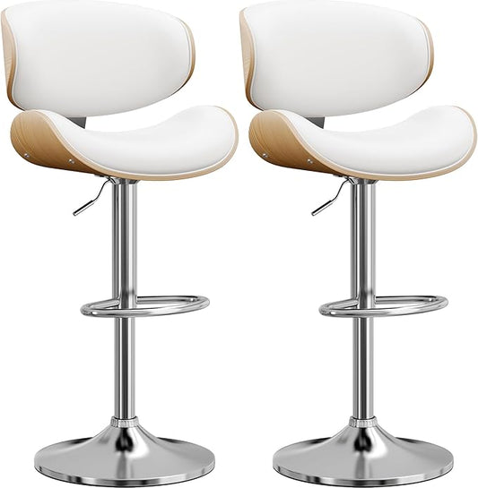 Bar Stools Modern PU Leather Adjustable Swivel Barstools, Kitchen Counter Bar Stool Island Barstool with Back Set of 2, Snow White