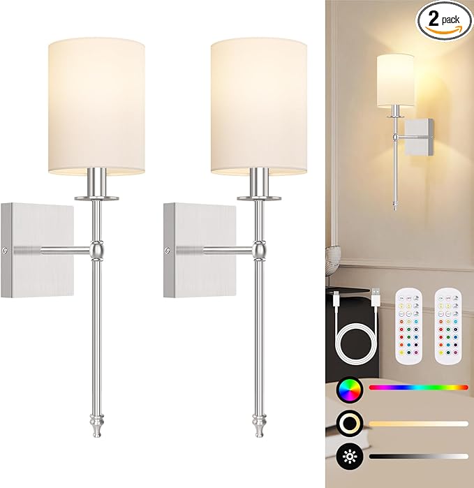 19.9 Inch Battery Operated Wall Sconces Set of 2 with Remote, Brushed Nickel Rechargeable Wireless Wall Lights with White Fabric Shade, Cordless Wall Lamps with Dimmable Detachable Bulbs for Bedroom