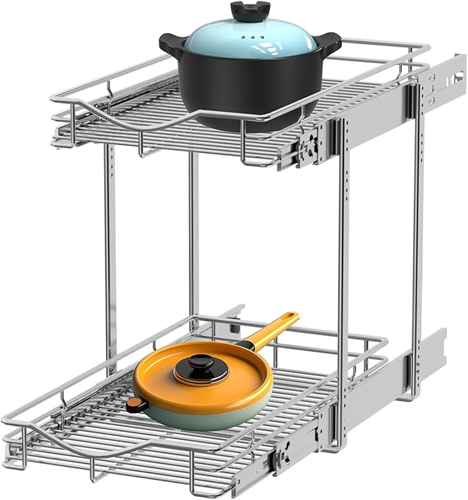 DINDON 2 Tier Pull Out Cabinet Organizer (11"W X 21"D), Double Tier Wire Basket Slide Out Shelf Storage for Kitchen Base Cabinet Organization for Kitchen, Pantry, Bathroom, Chrome