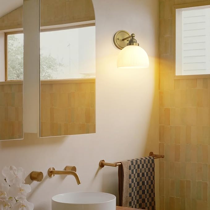 Vintage Wall Sconce 1-Light with White Striped Glass Globe Shade, Indoor Wall Mounted Lamp Fixture for Living Room Bedroom Kitchen Hallway