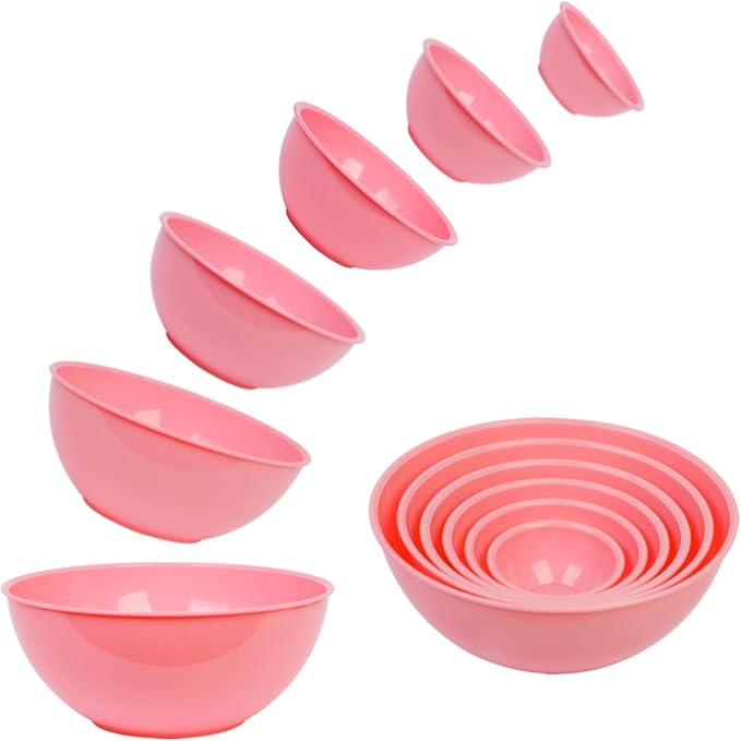 BoxedHome BPA Free Plastic Round Mixing Bowl with Lids, 12 Pack Nesting Bowls with Lids Set, Microwave and Dishwasher Safe Prep & Serving Bowls Great for Mixing, Baking, Serving (Pink, 12pcs)