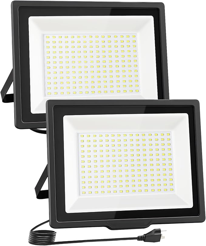 100W Flood Lights Outdoor,9000LM Bright Work Light Plug in,6500K Daylight White LED Flood Light Outdoor, IP66 Waterproof Exterior Floodlight for Yard Garage Stadium 2 Pack