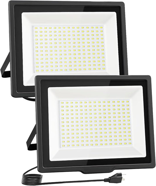 100W Flood Lights Outdoor,9000LM Bright Work Light Plug in,6500K Daylight White LED Flood Light Outdoor, IP66 Waterproof Exterior Floodlight for Yard Garage Stadium 2 Pack