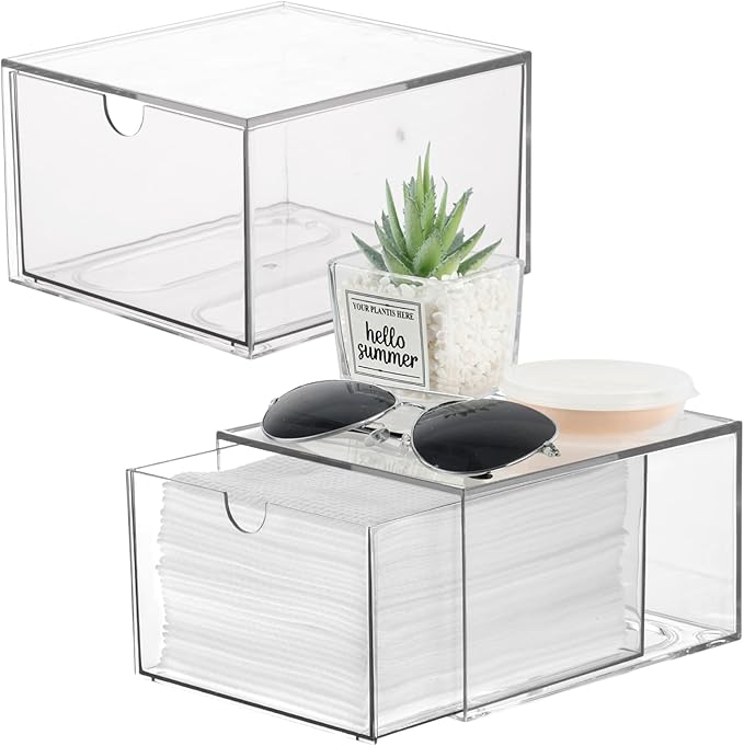2 Pack Disposable Face Towel Holder, Plastic Face Towels Storage Box with Drawer, Stackable Organizer for Clean Skin Club Face XL Towels, Towel Containers, Skincare Oragnizer for Vanity Organization