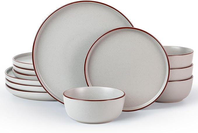 Famiware Mercury Plates and Bowls Sets, 12 Pieces Stoneware Dinnerware Sets, Dishes Set for 4, Microwave and Dishwasher Safe, Light Grey