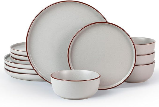 Famiware Mercury Plates and Bowls Sets, 12 Pieces Stoneware Dinnerware Sets, Dishes Set for 4, Microwave and Dishwasher Safe, Light Grey