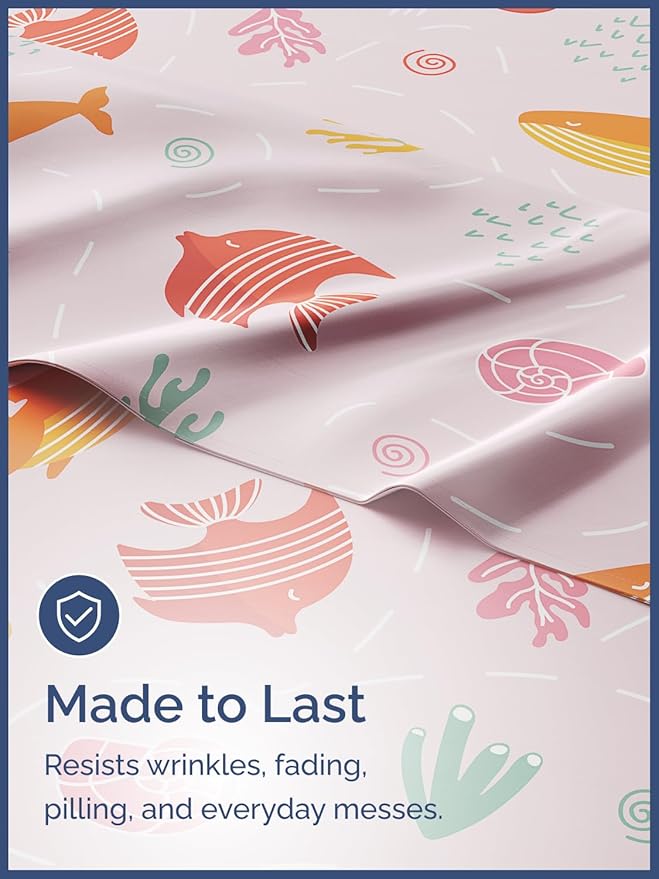 Kids Pink Fish Full 4 Piece Sheet Set - Boys, Girls, Teens, Toddler - Easy Fit Deep Pockets - Breathable, Hotel Quality Bedding Sheets - Machine Washable - Wrinkle Free - Cute, Cozy, Soft - CGK Linens