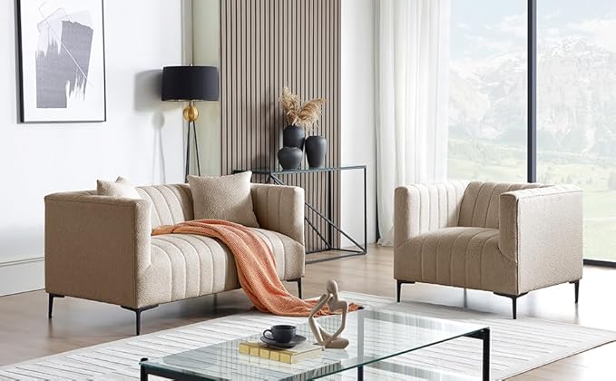 Get Set Style Modern Accent Loveseat Sofa Couch, Tufted Boucle Upholstered Sherpa Deep Seat Cloud Couch with 2 Pillows,Comfy 2 Seater Love Seat for Living Room Apartment Office Lounge Studio (Taupe)