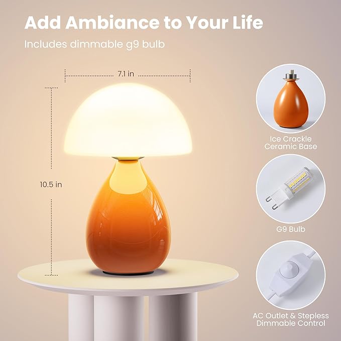 Mushroom Lamp, Mini Modern Lamp Small Vintage Table Bedside Nightstand Light, Small Light Dimmable for Bedroom, Living Room, Ceramic Base Glass Home Decor for Woman Children Gifts