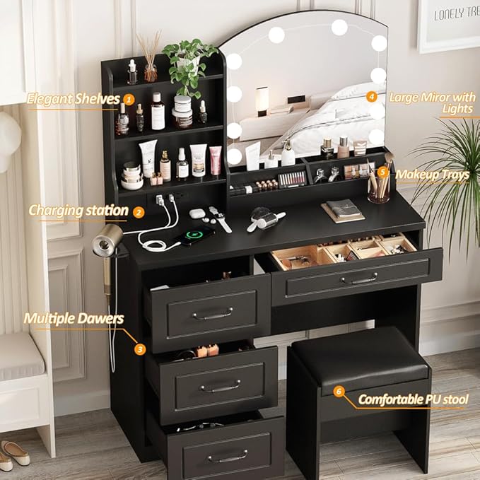 Makeup Vanity Table with Lighted Mirror & Power Strip, Vanity Set with Hair Dryer Rack, Lots Storage, 3 Lighting Modes, Brightness Adjustable, Black