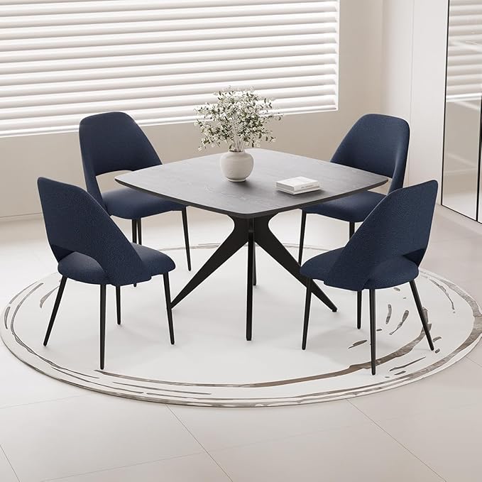 Kidol & Shellder 45.2" Square Dining Table Set for 2-4 People Modern MDF Wooden Dining Room Table with X-Shaped Metal Base Kitchen Table for Dining Room Kitchen Office（Black Table+4pcs Blue Chairs